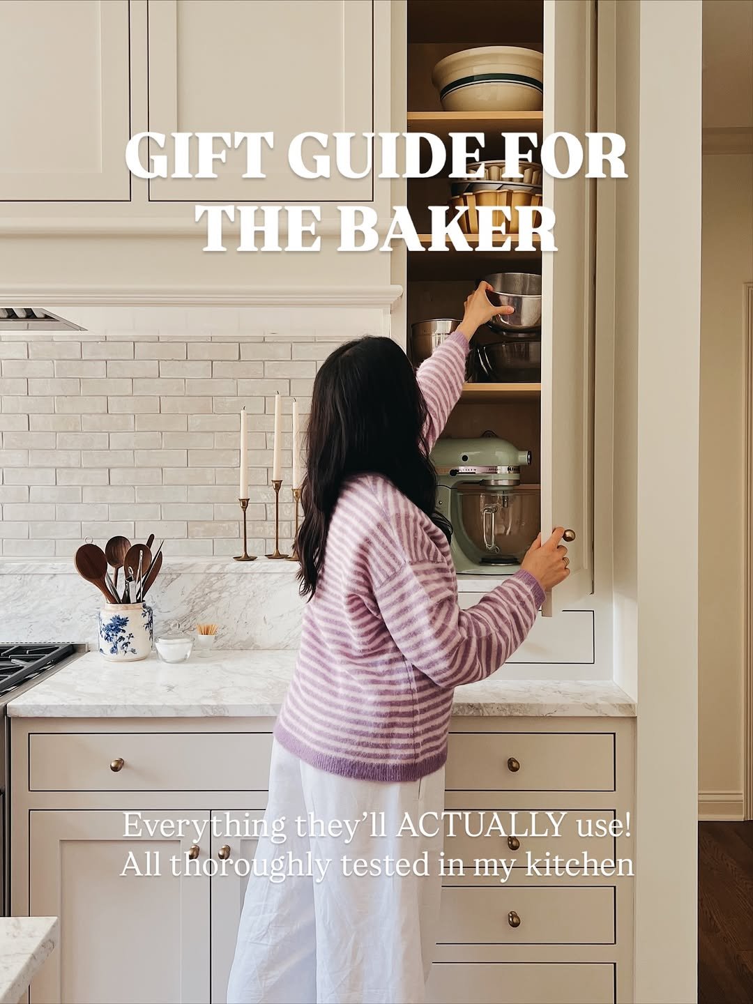 Photo by Jenna Barnard on November 21, 2025. May be an image of magazine, spatula, measuring cups, apron, kitchen and text that says 'GIFT GUIDE GUIDEFOR FOR THE BAKER Every thin g they'll ACTUALLY use! All thoroughly tested in my kitchen'.