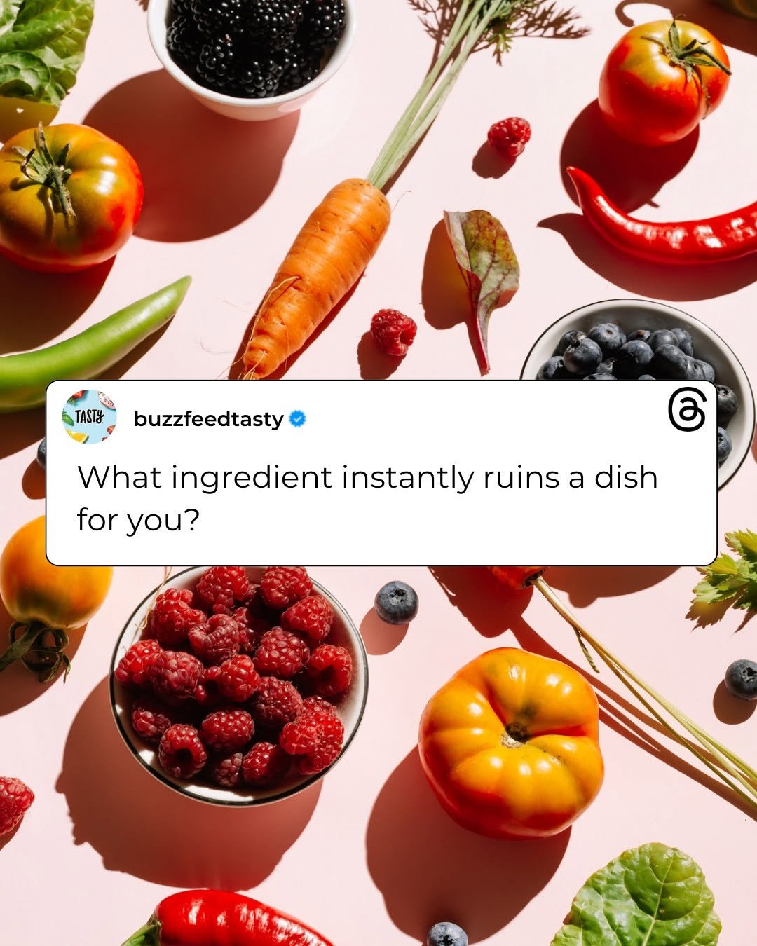 Photo by Tasty on February 28, 2026. May be a Twitter screenshot of fruit, vegetable and text that says 'TASTY buzzfeedtasty රි What ingredient instantly ruins a a dish for foryou? you?'.