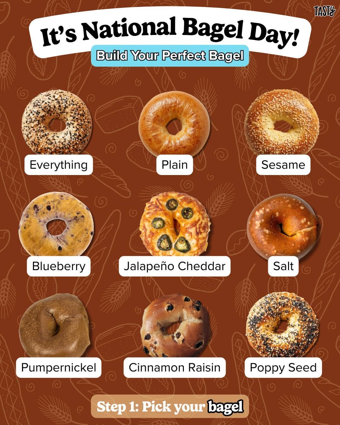 Photo by Tasty on January 15, 2026. May be an image of cream cheese, bagel and text that says 'TASTY It's National Bagel Day! Build Your Perfect Bagel Everything Plain Sesame Blueberry JalapeñoCheddar Jalapeño Cheddar Salt Pumpernickel Cinnamon Raisin Poppy PoppySeed Seed Step 1: Pick your bagel'.