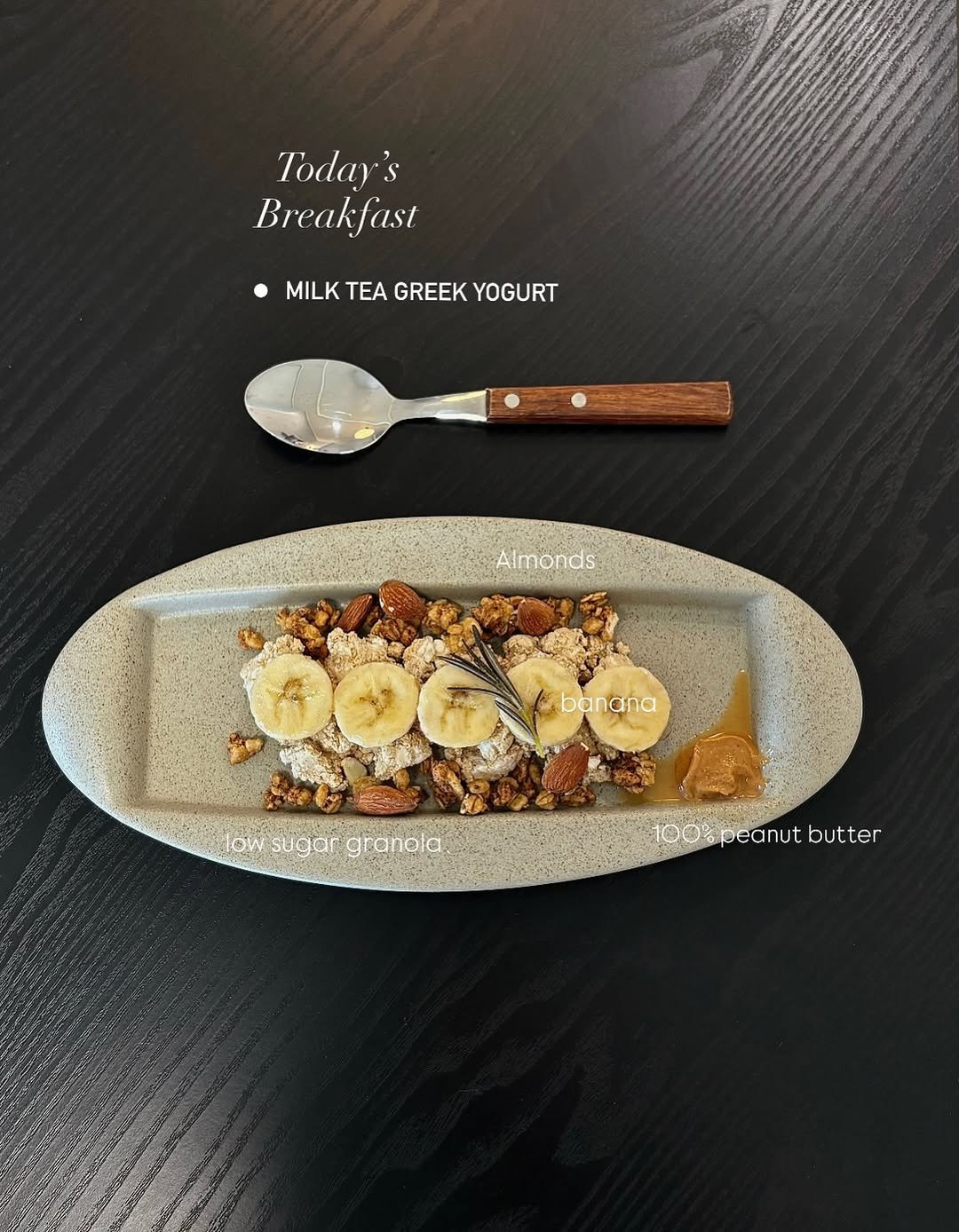 Photo shared by 배지연 on April 15, 2026 tagging @bodajoeun__official. May be an image of yogurt, cereal, granola, banana, toast and text that says 'Today's Breakfast MILK MILKTEAGREEKYOGURT TEA GREEK YOGURT Almonds ၁၀၀၀၀ bar banana ana low sugar wsugargranola granola 100% 100%peanut geanut butter'.