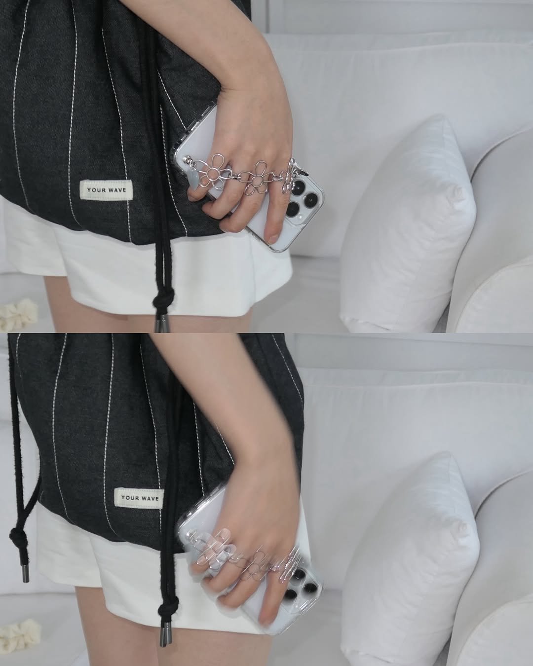 Photo by 너의파도 𝙮𝙤𝙪𝙧 𝙬𝙖𝙫𝙚 ⁎⁺ 𝙮𝙤𝙪𝙧𝙬𝙖𝙫𝙚 DIY KIT • 핸드메이드 • 키링 • 가방 on July 30, 2025. May be an image of 1 person, phone, purse, drawstring, pouch, clutch and text.
