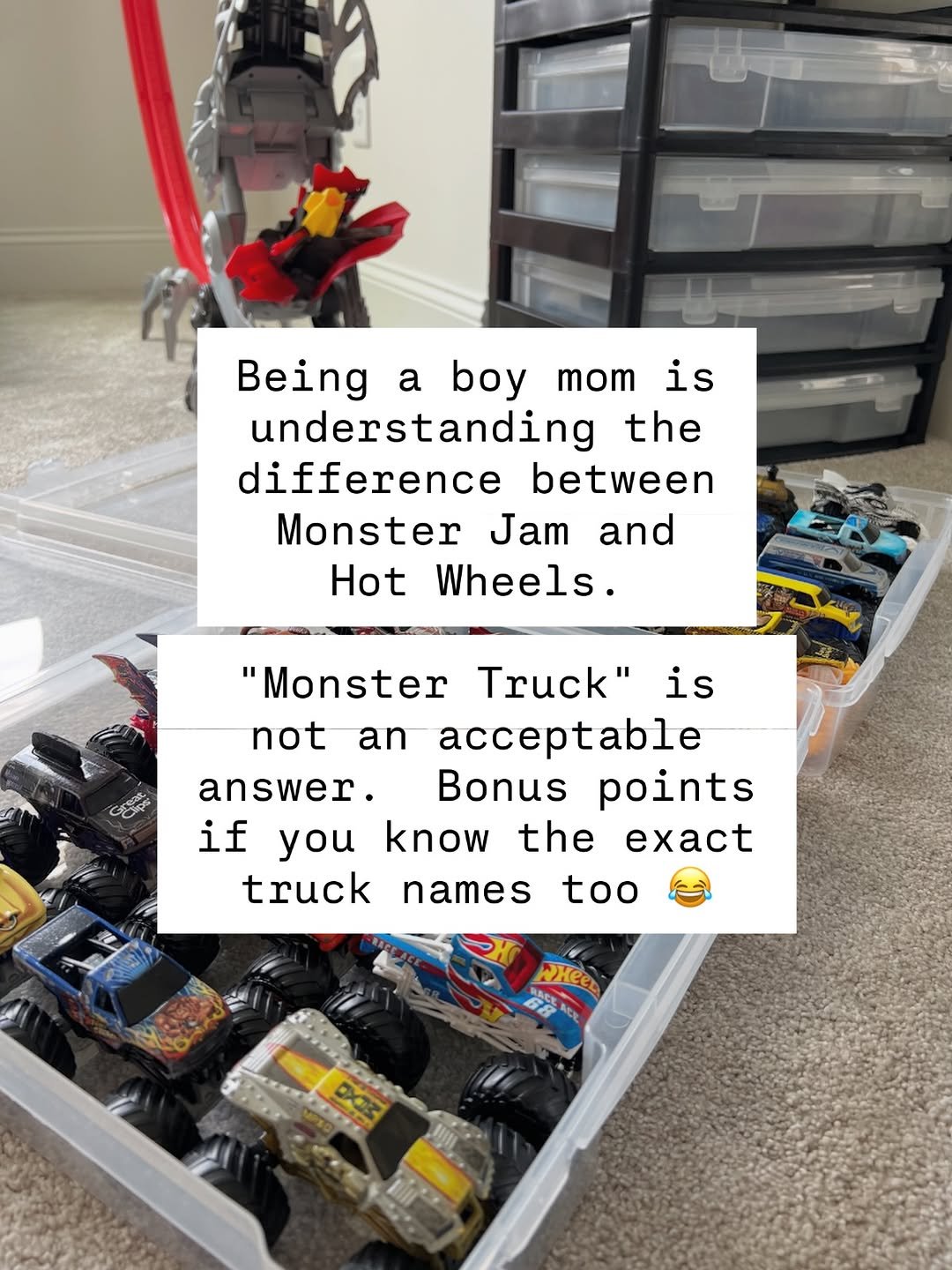 Photo by Melissa Kate  |  Kids Activities & Fun Play Ideas on January 11, 2026. May be an image of capacitor, battery, lego, rack and text that says 'Being a boy mom is understanding the difference between Monster Jam and Hot Wheels. an GOR "Monster Truck" is not acceptable answer. Bonus points if you know the EACT truck too names WHeet'.