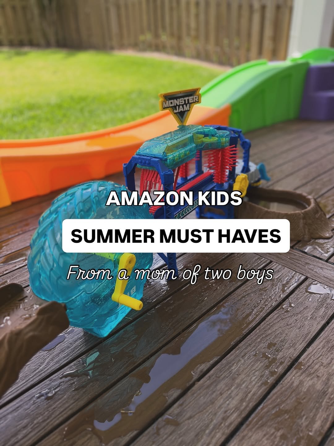Photo by Melissa Kate  |  Kids Activities & Fun Play Ideas on April 21, 2026. May be an image of lego, sprinkler and text that says 'MONSTER JAM AMAZON KIDS SUMMER MUST HAVES From a mom oβ two boys F'.