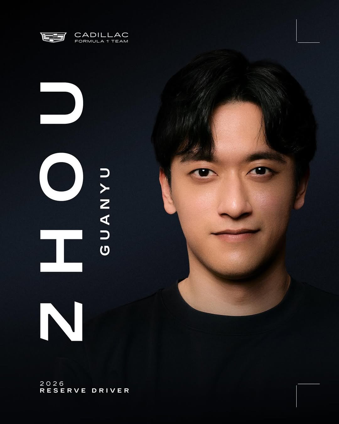 Photo shared by Cadillac Formula 1 Team on January 05, 2026 tagging @cadillac, @zhouguanyu24, and @f1. May be an image of ‎poster, magazine and ‎text that says '‎품백 م CADILLAC CADILLAC AC ORMULAT FORMULATTEAM A ORML AM R.. 74 כ O AN 4 د I N 2026 RESERVEDRIVER RESERVE DRIVER‎'‎‎.