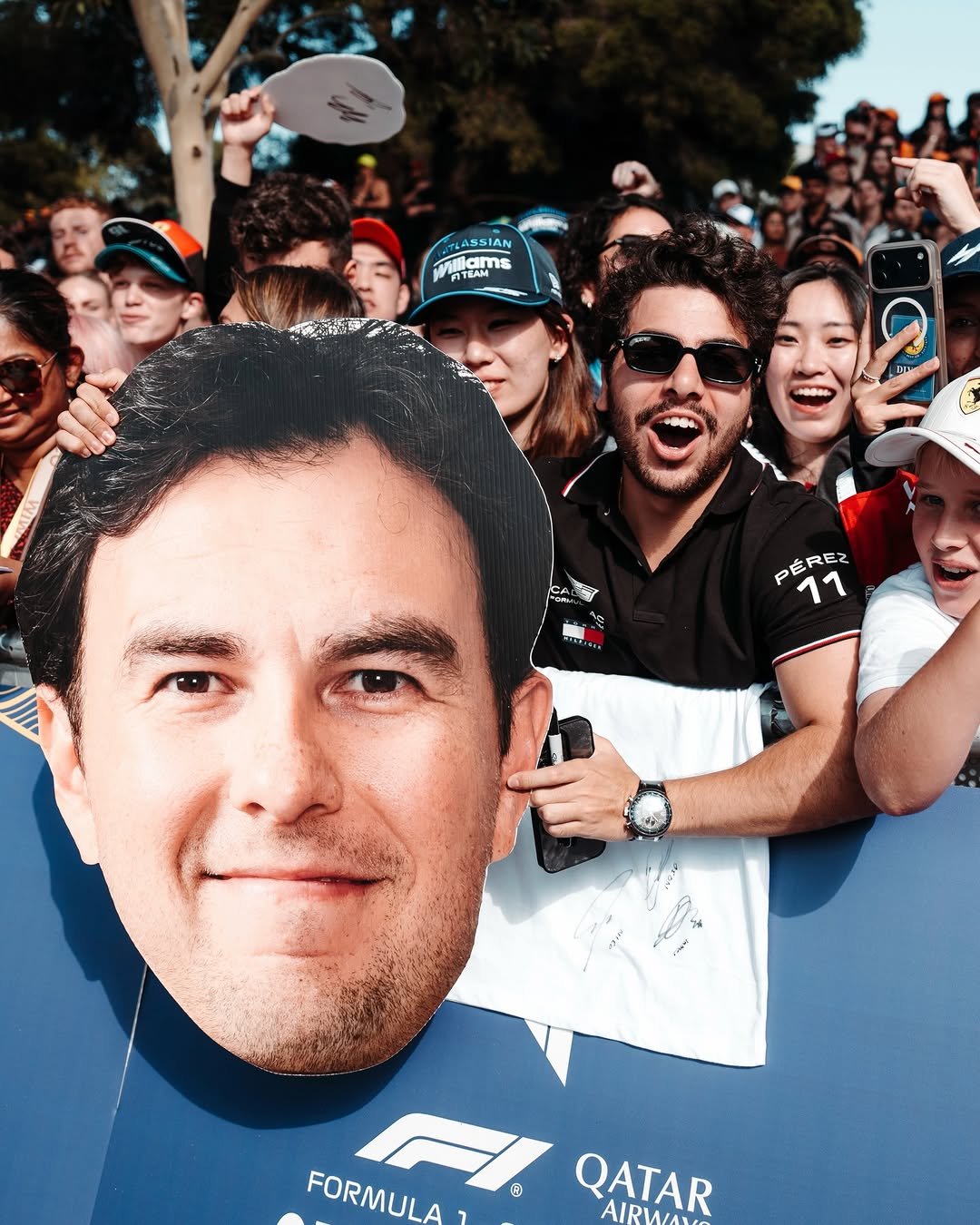 Photo by Cadillac Formula 1 Team on March 04, 2026. May be an image of racing vehicles and text that says 'ASSIAN IAN illams MamE PAE ns ATEAM PÉ PÉREZ PÉREZ REZ E 11 ® FORMULA FORMULA QATAR AIRWA'.