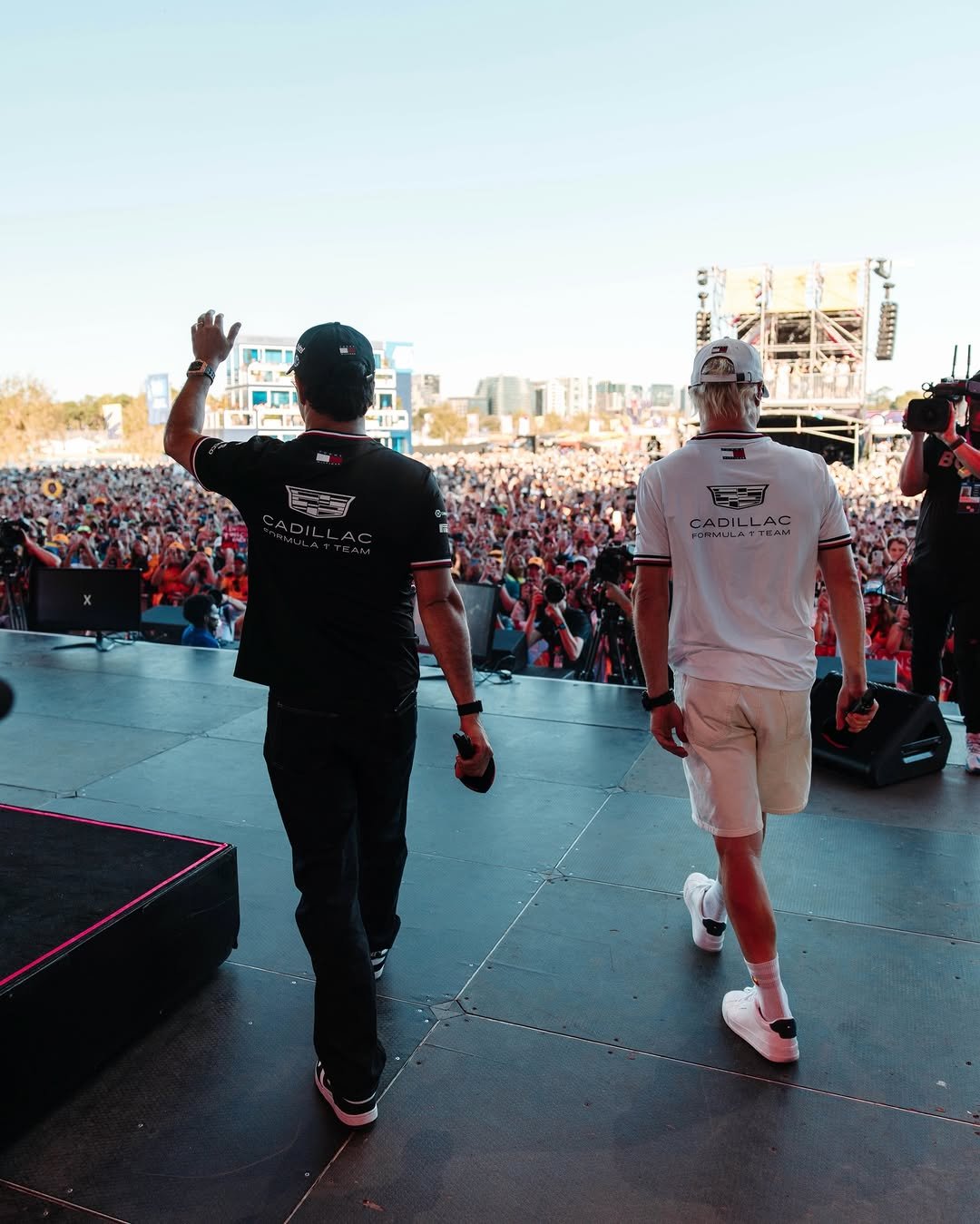 Photo shared by Cadillac Formula 1 Team on March 05, 2026 tagging @schecoperez, @valtteribottas, and @f1. May be an image of one or more people, people standing, crowd, concert and text that says '1通 4- CADILLAS'.