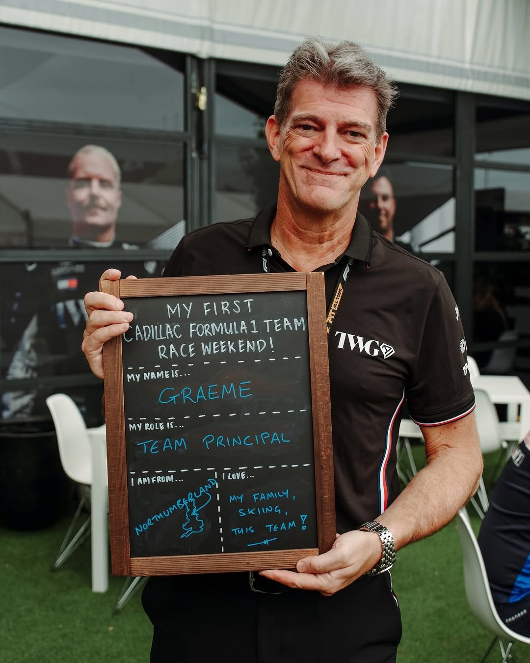 Photo by Cadillac Formula 1 Team on March 05, 2026. May be an image of racing vehicles and text that says 'TωTи TWGA MY FIRST ADILLAC FORMULA1 DILLACFORMULA1TERM 1 TERM KлE RACEWEEKEND WEEKEND! RACE MyNAMEIS.. GRAEME พนิข้ออโธเิ...- MYROLEIS... TEAMPRINCIPAL ROLE my TEAM PRINCIPAL |AMFROM... LOVE m.y FAMILY SKIING TUIS TEAM THISTEAM! Y'.