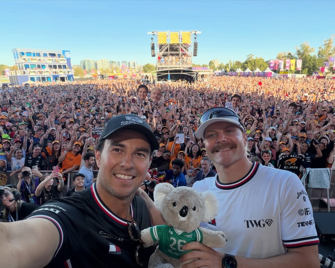 Photo shared by Cadillac Formula 1 Team on March 05, 2026 tagging @schecoperez, and @valtteribottas. May be an image of baseball, crowd, stadium and text.