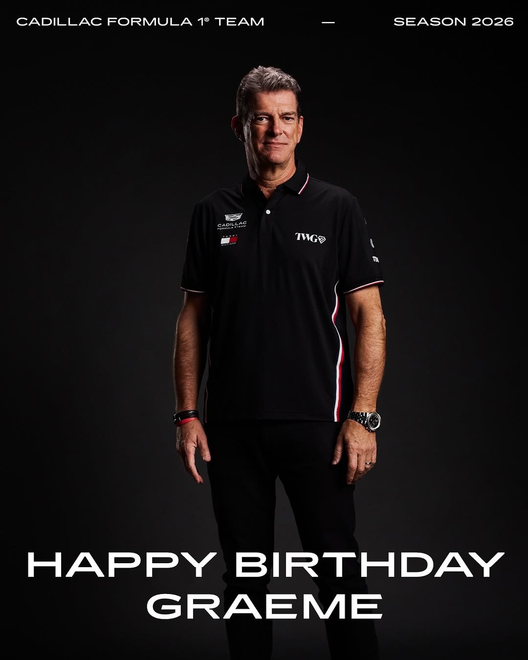 Photo by Cadillac Formula 1 Team on April 23, 2026. May be an image of one or more people, people playing tennis, racket, sports equipment and text that says 'CADILLAC FORMULA 10 TEAM SEASON 2026 He TWGO Ta HAPPY BIRTHDAY GRAEME'.