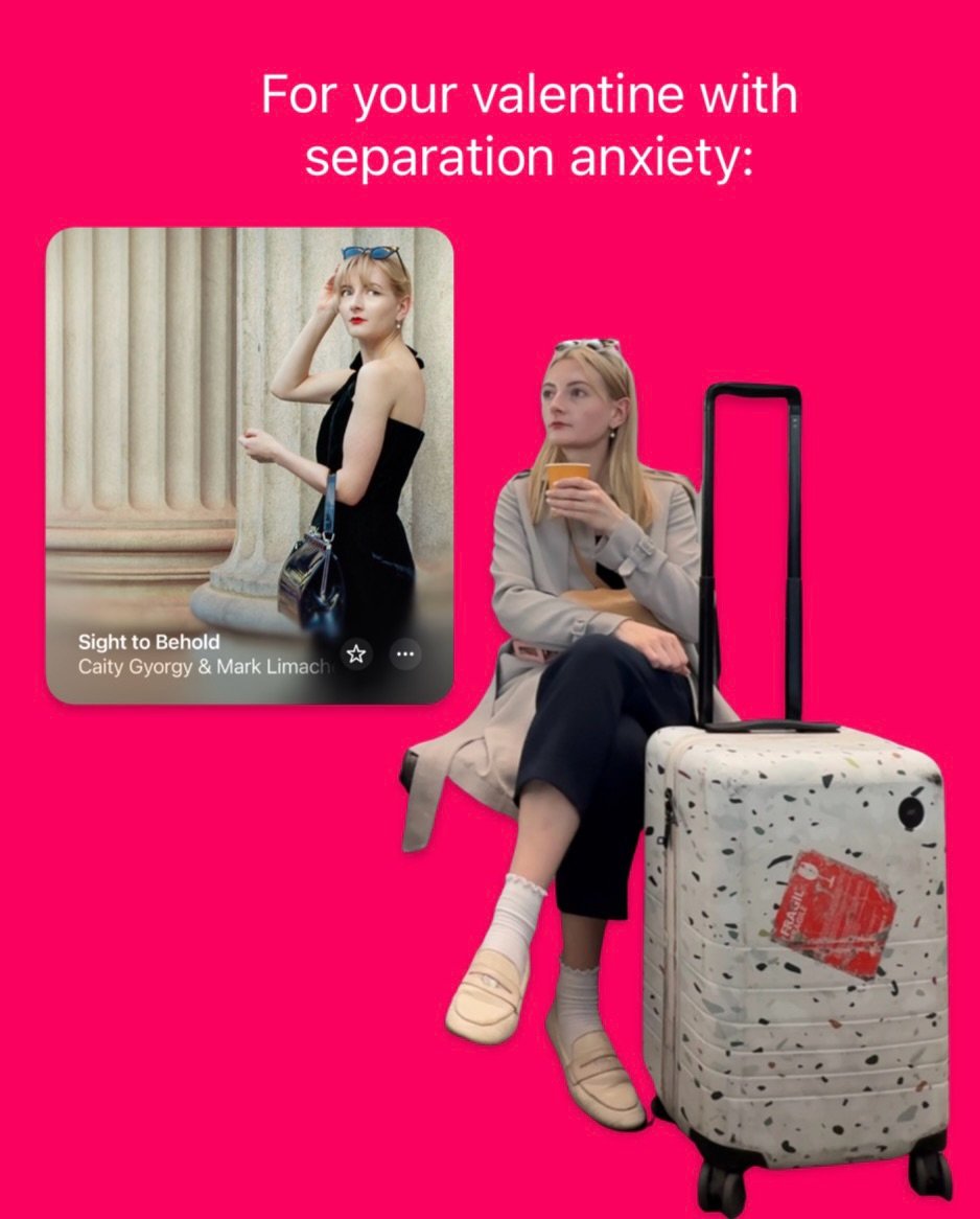 Photo by Caity Gyorgy on February 14, 2026. May be an image of suitcase, luggage and text that says 'For your valentine with separation anxiety: Sight SighttoBehold to Behold Caity Gyorgy & Mark Lima'.