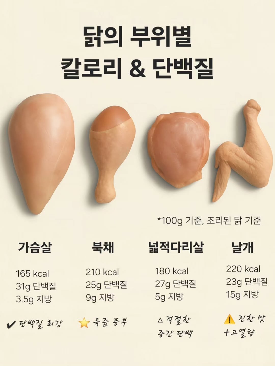 Photo by 양과자점 플레지르 (HUMPTY LUMPY HOUSE) in cake_mira. May be an image of chicken and text that says '닭의 부위별 칼로리 & 단백질 가슴살 *100g 기준, 조리된 닭 기준 북채 넓적다리살 165 kcal 31g 단백질 3.5g 지방 날개 210 kcal 25g 단백질 9g 9g지방 지방 180 kcal 27g 단백질 5g 지방 220 kcal 23g 단백질 15g 지방 단백질 최강 육즙풍부 육즙 풍부 격절한 중간 단백 진한맛 맛 +고열량'.