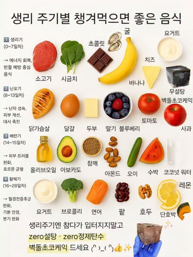 cake_mira 게시물 이미지: 🩸 생리 주기별 챙겨 먹으면 좋은 음식
몸은 매달 ‘작은 계절’을...