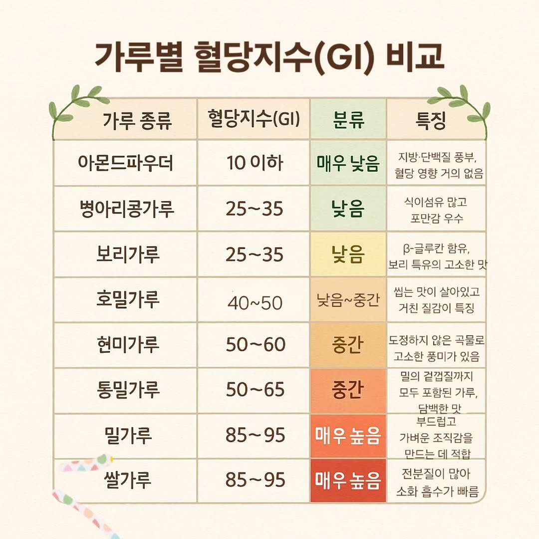 Photo shared by 양과자점 플레지르 (HUMPTY LUMPY HOUSE) on February 22, 2026 tagging @homo_health_machine. May be an image of pie, baby's-breath and text that says '가루별 혈당지수 (GI) 비교 가루 종류 혈당지수(g) 분류 아몬드파우더 특징 10 10이하 매우낮음 벙아리콩가루 지방·단백질 풍부, 혈당 영향 거의 없음 25~35 보리가루 낮음 식이섬유 많고 포만감 우수 25~35 낮음 호밀가루 B-글루칸 함유, 보리 특유의 고소한 맛 40~50 낮음~중간 현미가루 씹는 맛이 살아있고 거친 질감이 특징 50~60 중간 통밀가루 50~65 중간 밀가루 85~95 도정하지 않은 곡물로 고소한 풍미가 있음 밀의 걷껍질까지 모두 포함된 가루, 담백한맛 맛 부드럽고 가벼운 조직감을 만드는 적합 전분질이 많아 소화 흡수가 빠름 매우높음 쌀가루 85~95 매우높음'.