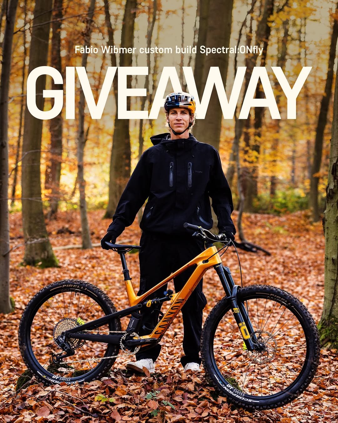 Photo shared by Canyon MTB on March 02, 2026 tagging @wibmerfabio, and @canyon. May be an image of bicycle and text that says 'Fabio Wibmer custom build Spectral:ONfly GIVEAWAY GIVE WAY VO'.