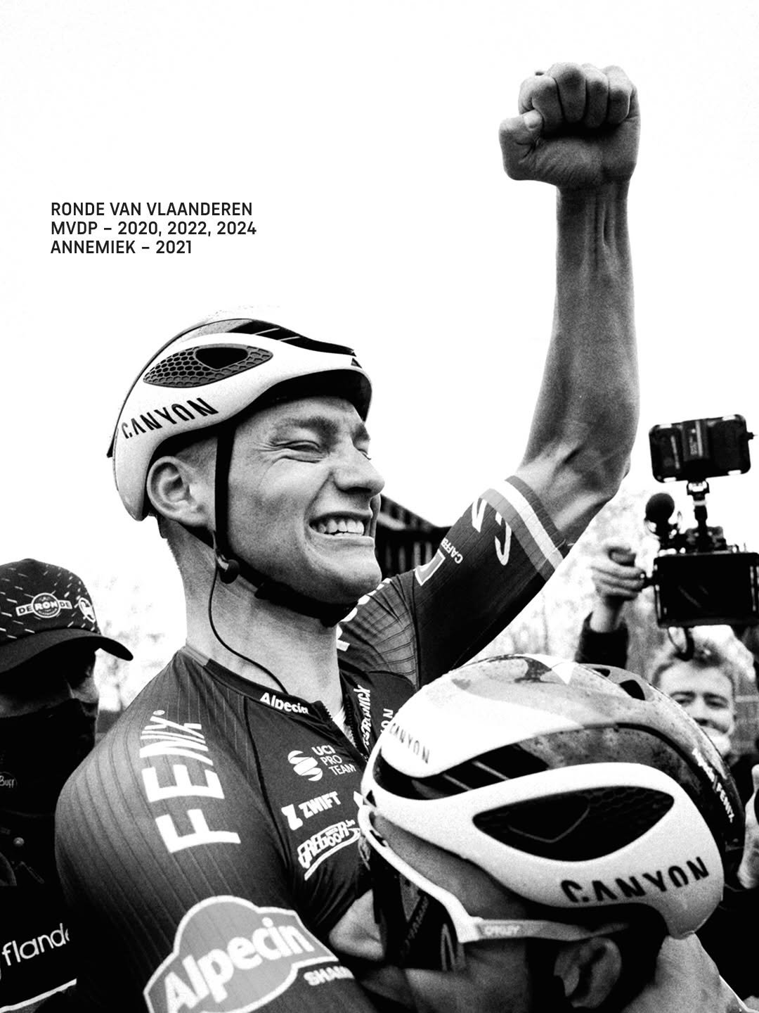 Photo shared by Canyon on February 27, 2026 tagging @mathieuvanderpoel, @alpecin.premiertech, and @canyon_road_. May be an image of racing vehicles, bicycle, helmet and text.