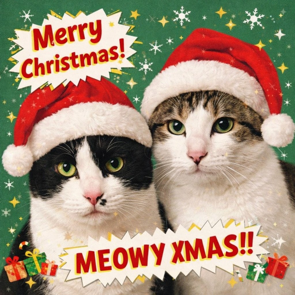 Photo by 캐리와 순심이의 집 on December 24, 2025. May be an image of Abyssinian cat, kitten, fur and text that says 'Christmas! Mermas Merry MEOWY XMAS!!'.