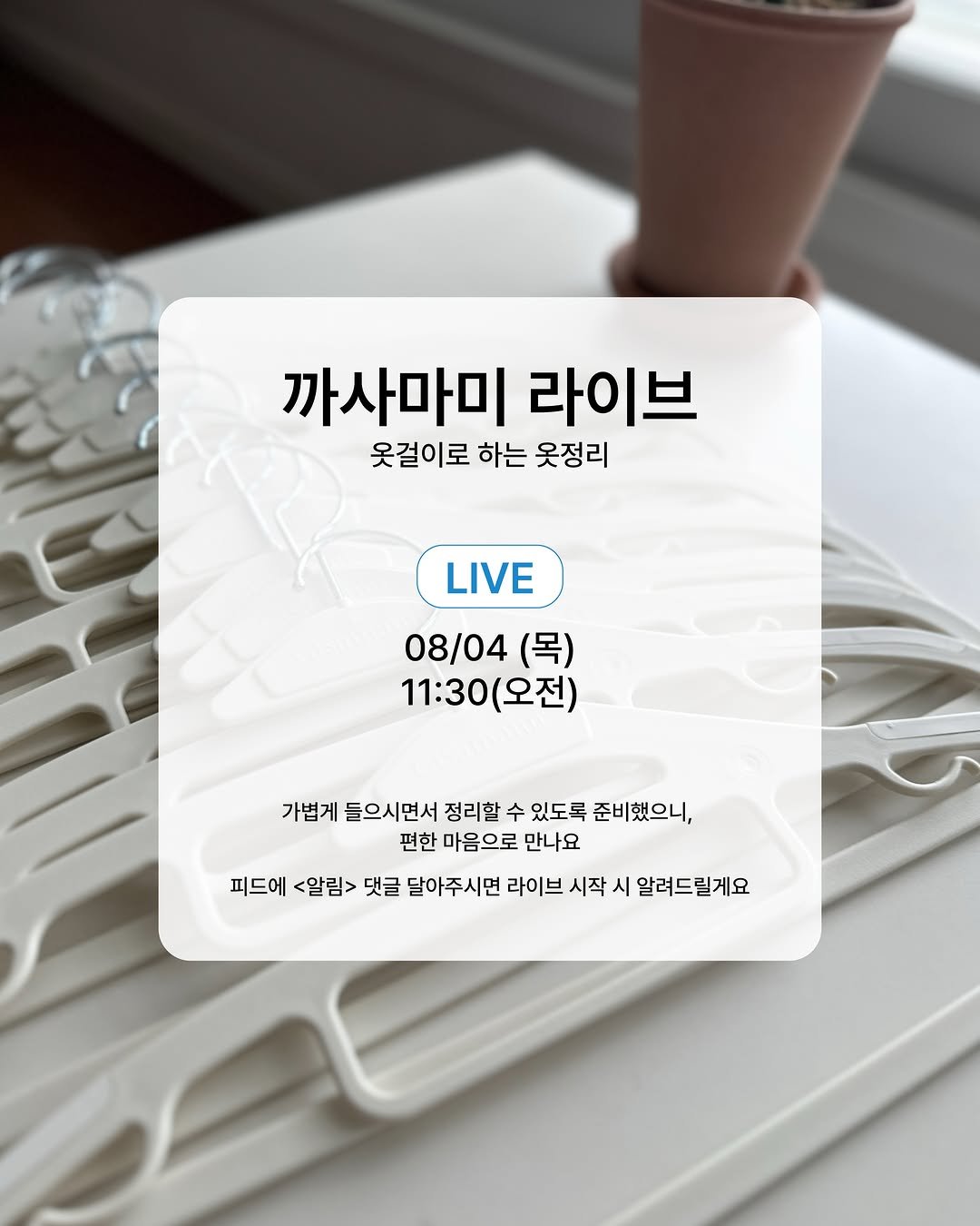 casamami1 게시물 이미지: 일정 8/6(목)일이에요~
오늘부터 옷걸이 받고 계시죠?
내일 목요일...