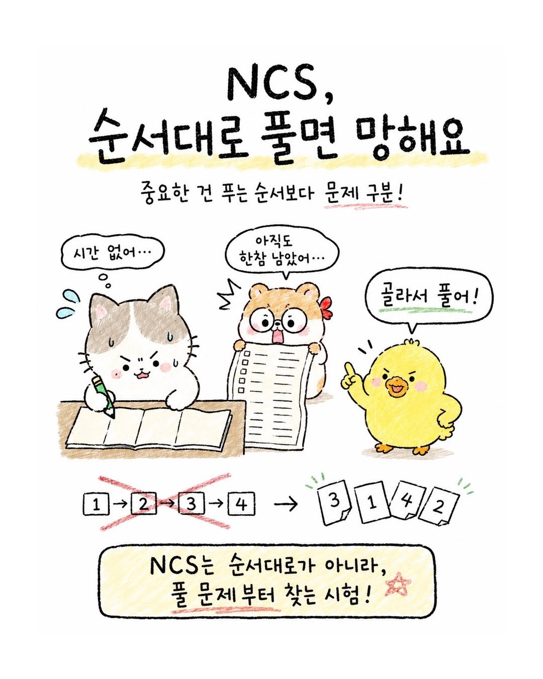 catch_up95 게시물 이미지: NCS는 순서대로 풀면 망합니다.

시험지 1번부터 차례대로 풀다 보면
쉬운 문제는...