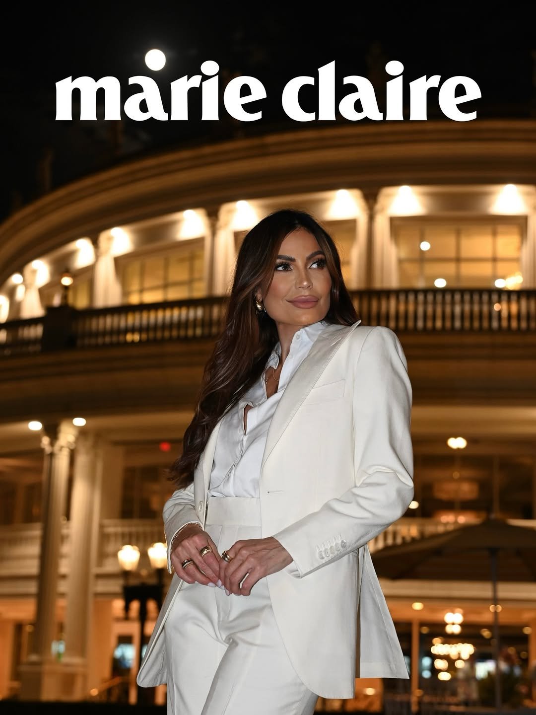 Photo shared by CATERINA VALENTINO on December 19, 2025 tagging @marieclaire_la, and @amazon. May be an image of one or more people, makeup, suit, blazer, magazine and text.