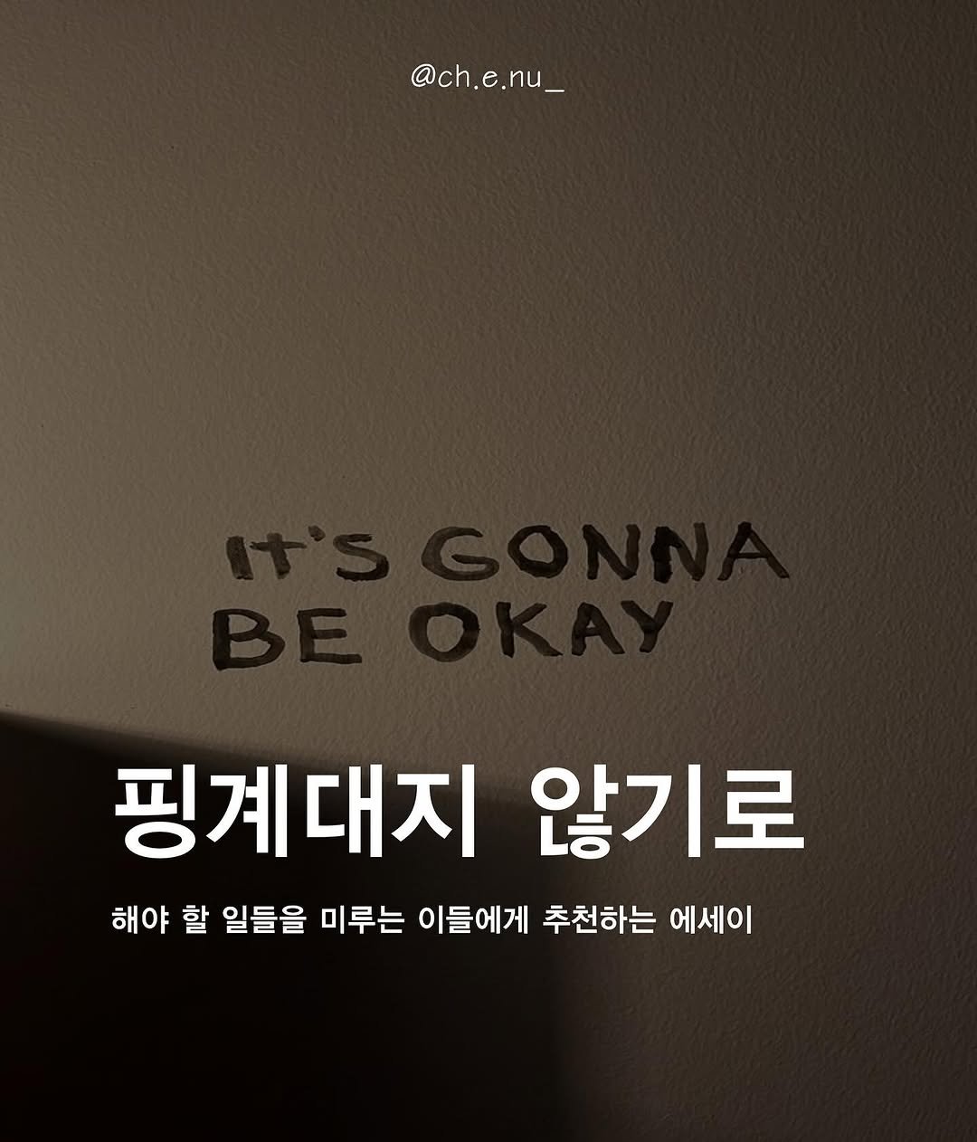 Photo by 최은우 on August 06, 2025. May be an image of poster and text that says '@ch.e.nu_ @ch. ch.e.nu_ 핑계대지 않기로 해야 할 일들을 미루는 이들에게 추천하는 에세이'.