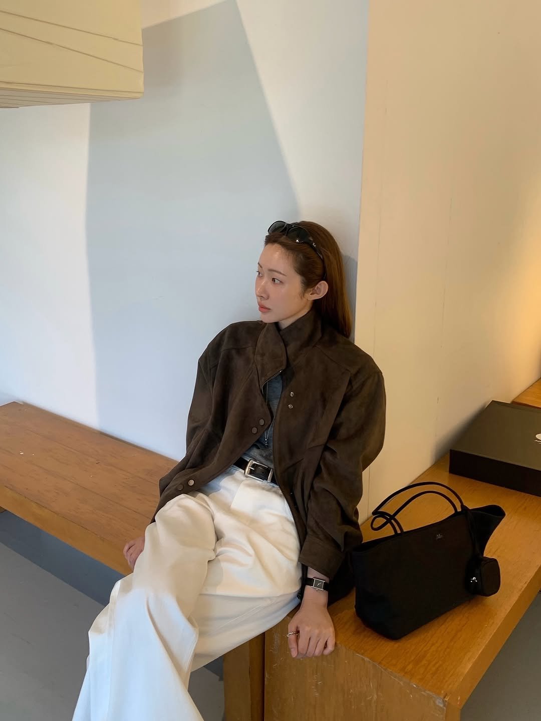 Photo shared by 차정원 on September 29, 2025 tagging @maisonloeuvre. May be an image of 1 person, duffle coat, overcoat, turtleneck and text.