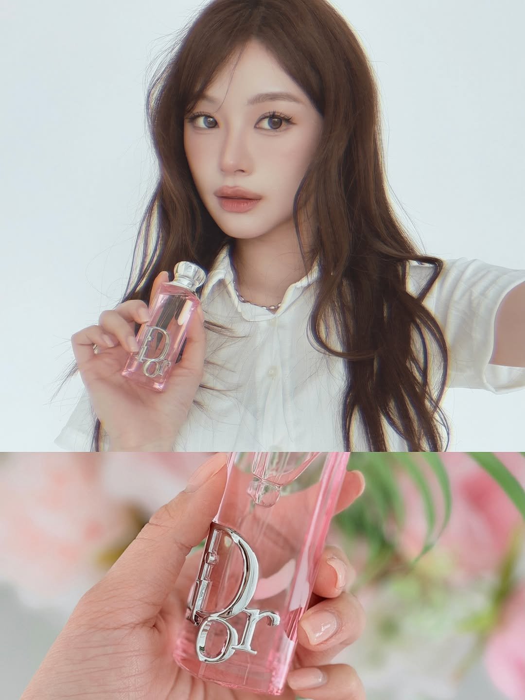 Photo shared by 손채현 SonChaeHyun on March 14, 2026 tagging @diorbeauty. May be an image of one or more people, makeup, lipstick, fragrance, perfume, bottle and text.
