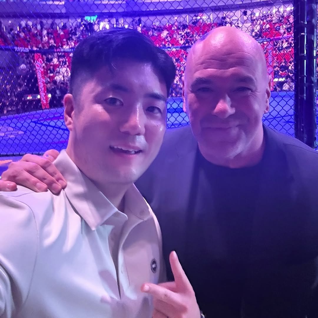 Photo shared by 차도르 Chador on August 23, 2025 tagging @danawhite. May be an image of 2 people and text.