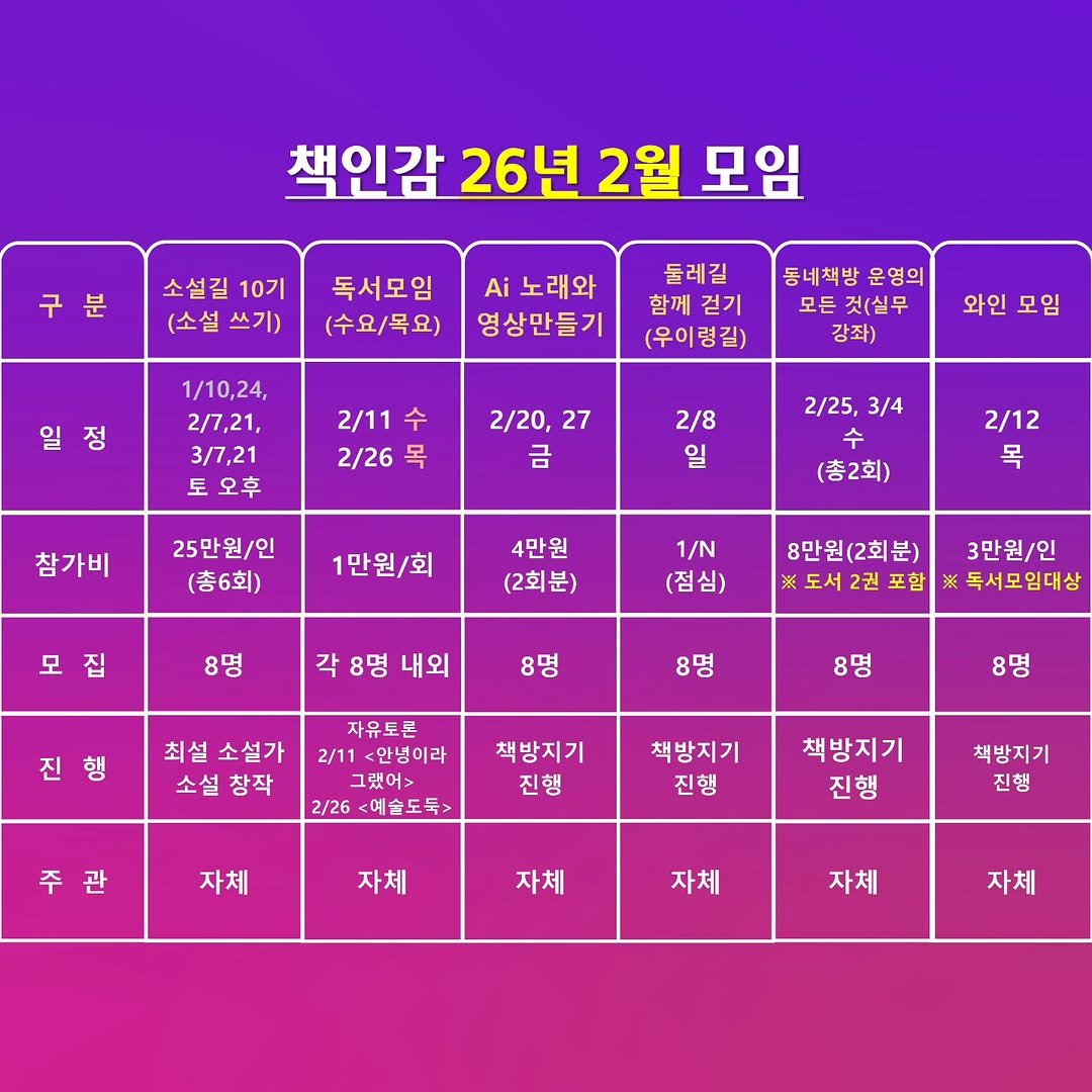 Photo by 책인감_책방&카페&1인출판&강연 on January 27, 2026. May be an image of calendar and text that says '책인감 26년 2월 모임 분 소설길 10기 (소설 (소설쓰기) 쓰기) 독서모임 (수요/목요) Ai 노래와 영상만들기 둘레길 함께걷기 걷기 함께 (우이령길) 정 동네책방 운영의 모든 것(실무 강좌) 1/10,24, 2/7,21, 3/7,21 토오후 와인 와인모임 모임 2/11수 수 2/26 목 2/20, 27 금 2/8 일 참가비 2/25, 3/4 수 (총2회) 25만원/인 (총6회) 2/12 목 1만원/회 4만원 (2회분) 1/N (점심) 8명 8명 내외 8만원(2회분) 3만원/인 도서2권함 ※독서모임대상 8명 8명 최설 최설소설가 소설창작 소설 창작 8명 자유토론 2/11 <안녕이라 그랬어> 2/26 2/26<예술도둑> 8명 책방지기 진행 주관 책방지기 진행 자체 책방지기 진행 자체 책방지기 진행 자체 자체 자체 자체'.