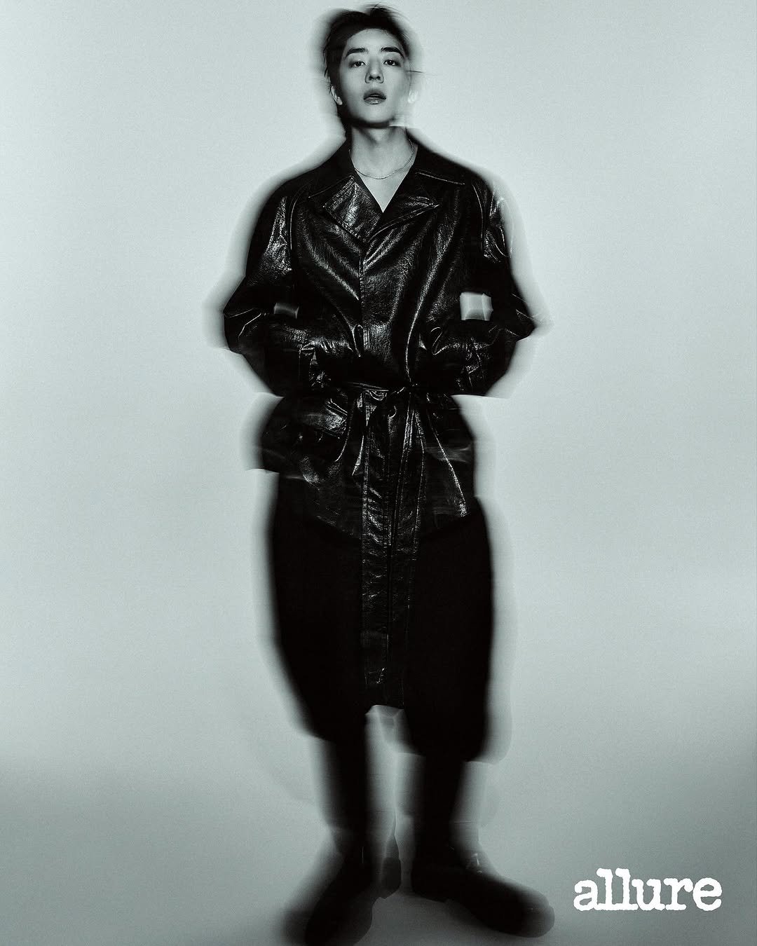 Photo shared by 채종협 on October 22, 2025 tagging @allurekorea. May be a black-and-white image of one or more people, bangs, makeup, top, magazine, bolo tie, outerwear and text that says 'N allure'.