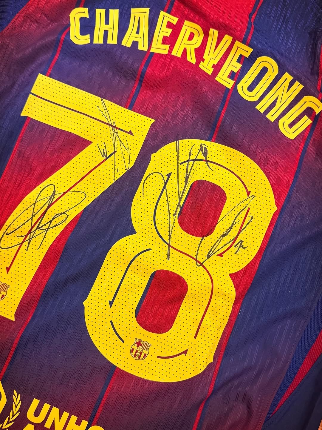 Photo shared by CHAERYEONG on July 31, 2025 tagging @fcbarcelona. May be an image of football, soccer, basketball jersey, sports equipment, sportswear and text.