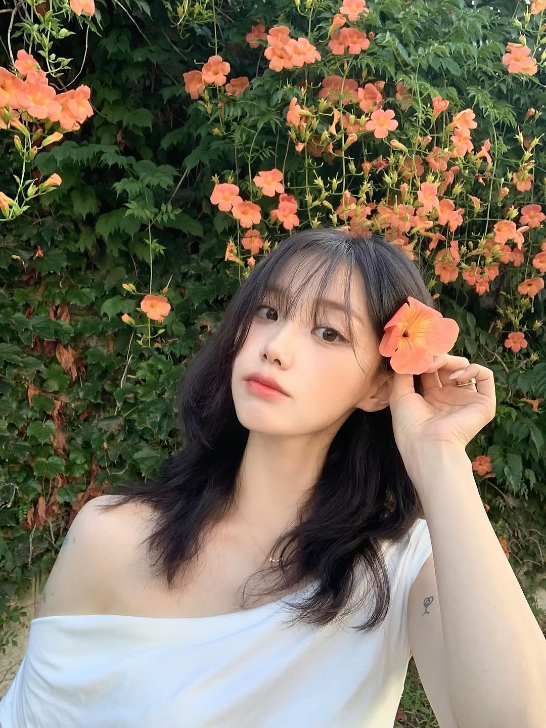 Photo by 차진아 on July 12, 2025. May be an image of 1 person, hair, flower, outdoors and text.