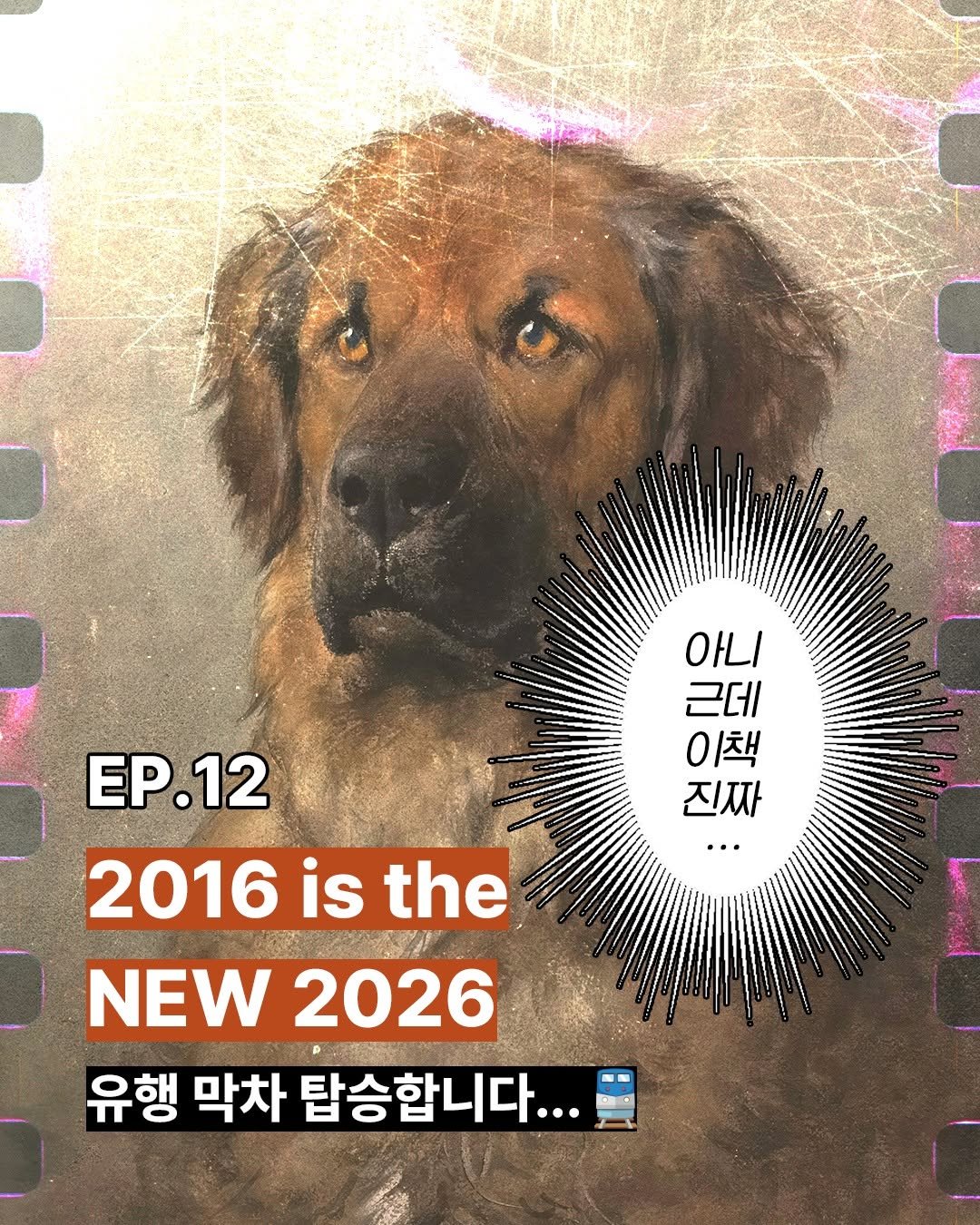 Photo by 창비 on February 19, 2026. May be an image of magazine, poster and text that says '운는 진짜 아니 근데 이책 … EP.12 2016 is 2016isthe the NEW 2026 유행 막차 탑승합니다...'.