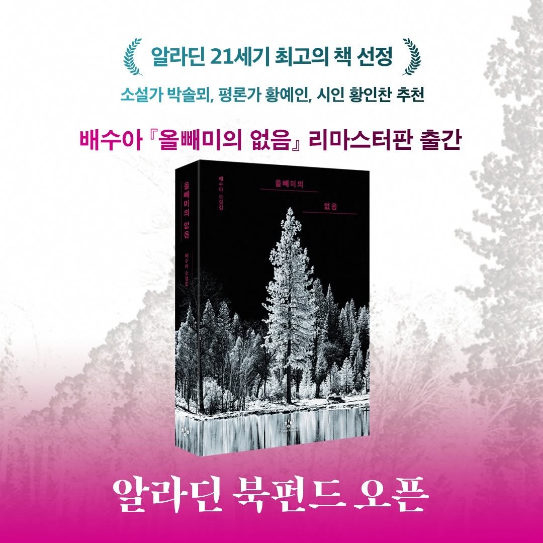 Photo by 창비 on August 12, 2025. May be an image of book and text that says 'یا 알라딘 21세기 최고의 책 선정 ล 소설가 박솔외, 평론가 황예인, 시인 황인찬 추천 배수아 올빼미의 없음』 리마스터판 출간 알라딘 북펀드 딘북편드오픈 오픈'.