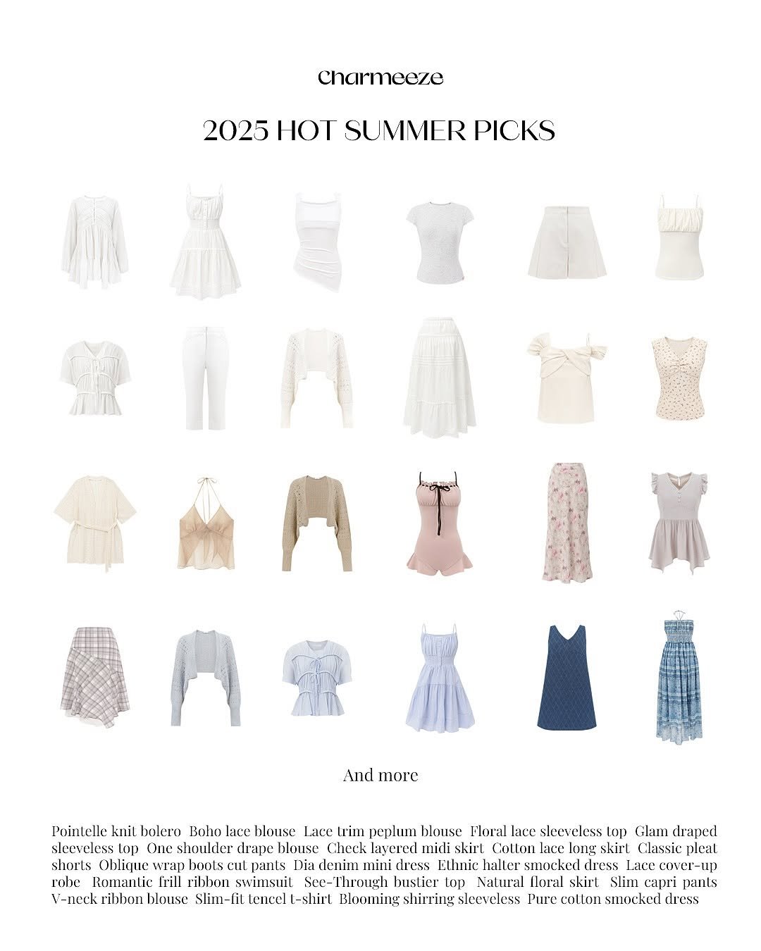 Photo by 차미즈(charmeeze) on July 10, 2025. May be an image of dress and text that says 'Charmeeze 2025 HOT SUMMER PICKS And morc Pointelle knit bolero Boho lace blouse Lace trim peplum blouse Floral lace sleeveless top Glam draped sleeveless Lop One shoulder lrape louse Check lavered midi skirl Collon lons skirt Classic pleal shorts wrap Dia denim mnini Ethnic lress robe Trill ribbon swimsuit Sce-Through bustier Natural lloral skirt capu pants v-neck ribbon blouse Slim-li It-shirl BloomLinL shirring slecveless Pure collon siockeu'.