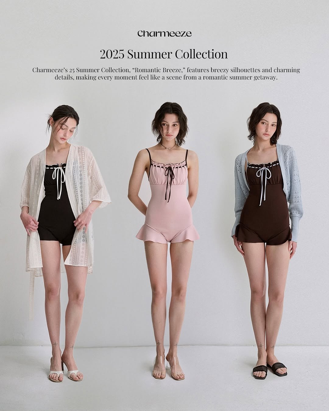 Photo by 차미즈(charmeeze) on July 03, 2025. May be an image of 3 people, slip, sleepwear, chemise, bra and text that says 'Charmeeze 2025 Summer Collection Charmecze's 25 Summer Collection. "Romantic Breeze. Icalures breezy silhouettes and charming delails, making every moment feel like: scene from romanlio summer getaway.'.