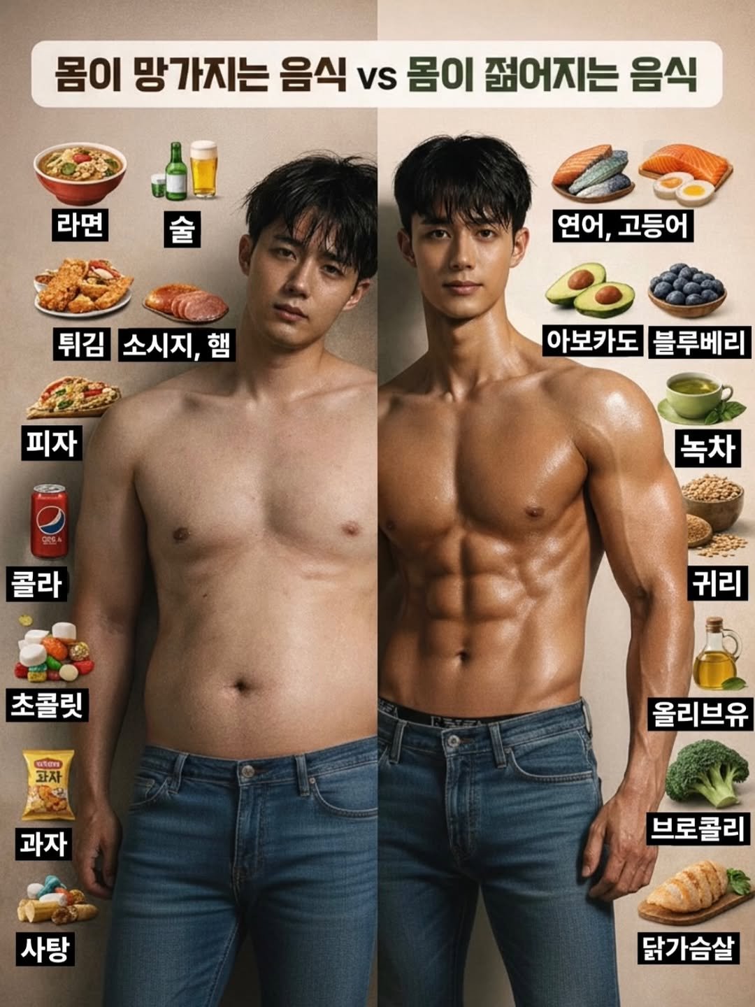 Photo by 차르 | 현실적인 운동•다이어트 on February 01, 2026. May be an image of one or more people, biceps, people bodybuilding, poster and text that says '몸이 망가지는 음식 vs 몸이 젊어지는 음식 라면 술 연어, 연어,고등어 고등어 튀김 소시지, 튀김소시지,햄 햄 피자 아보카도 블루베리 녹차 콜라 초콜릿 귀리 พริดพร 과자 과자 올리브유 사탕 브로콜리 닭가슴살'.