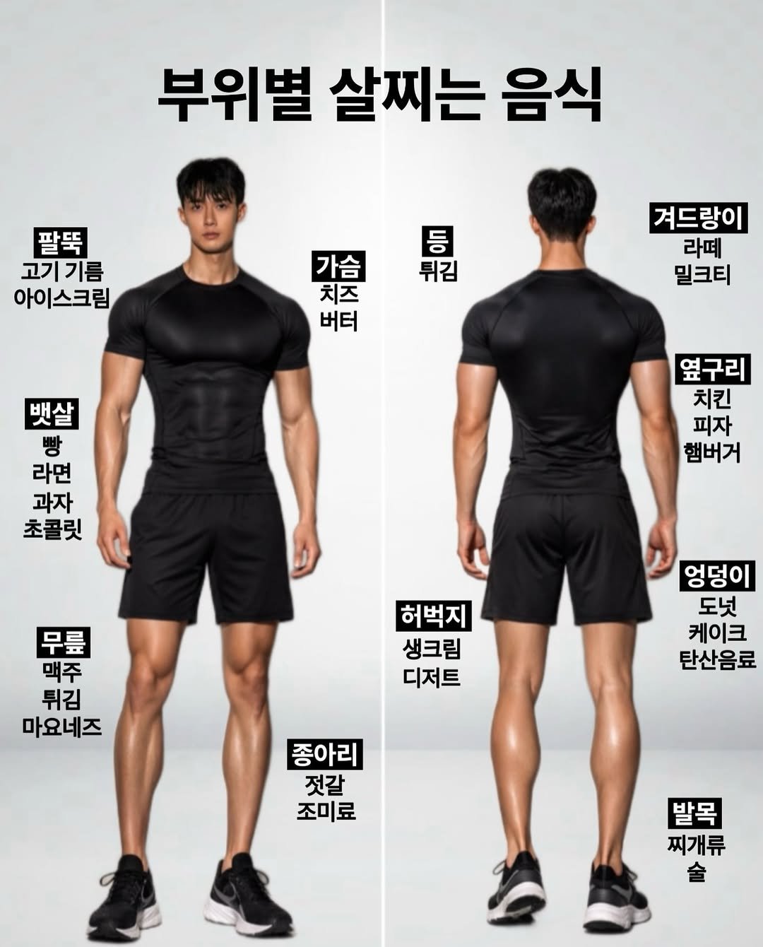 Photo by 차르 | 현실적인 운동•다이어트 on March 02, 2026. May be an image of activewear, sports equipment, sportswear, shorts, underwear and text that says '부위별 살찌는 음식 팔뚝 고기기름 기름 고기 아이 아이스크림 등 튀김 가슴 치즈 버터 겨드랑이 라떼 밀크티 뱃살 라면 과자 초콜릿 生 빵 옆구리 치킨 피자 햄버거 맥주 무릎 一 튀김 마요네즈 허벅지 생크림 디저트 엉덩이 도넛 케이크 탄산음료 종아리 젓갈 조미료 발목 찌개류'.