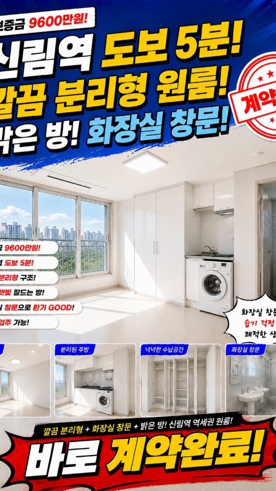 check__home 게시물 이미지: 안녕 형들
오늘은 신림역 역세권 보증금 9600 깔끔한 분리형 매물 계약 완료...