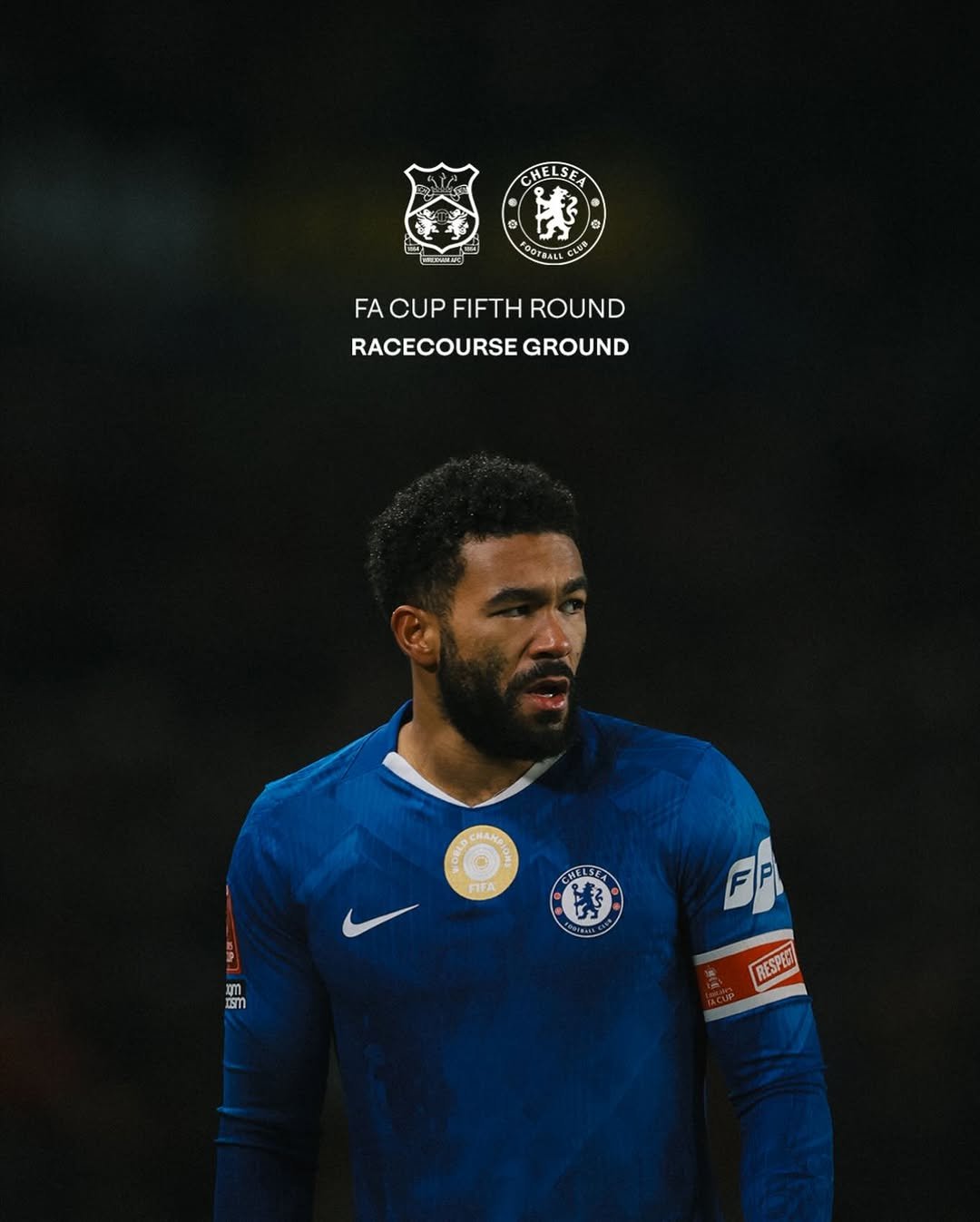 Photo shared by Chelsea FC on February 16, 2026 tagging @reece. May be an image of ‎football, soccer, poster, stadium and ‎text that says '‎CMELSEA ش PoTBAR FA FACUPFIFTHROUND CUP FIFTH ROUND RACECOURSE GROUND HELSEA ណោ E机 RESPU‎'‎‎.