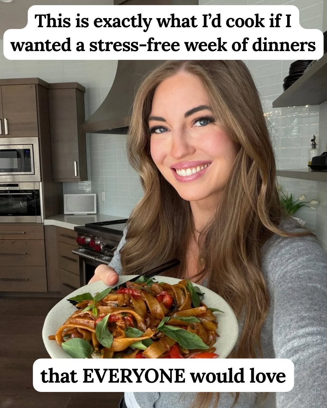 Photo by Chelsea Lords on April 20, 2026. May be a meme of pasta, sauce, lentils and text that says 'This is exactly what I'd cook if I wanted a stress-free free week of dinners C that EVERYONE would love'.
