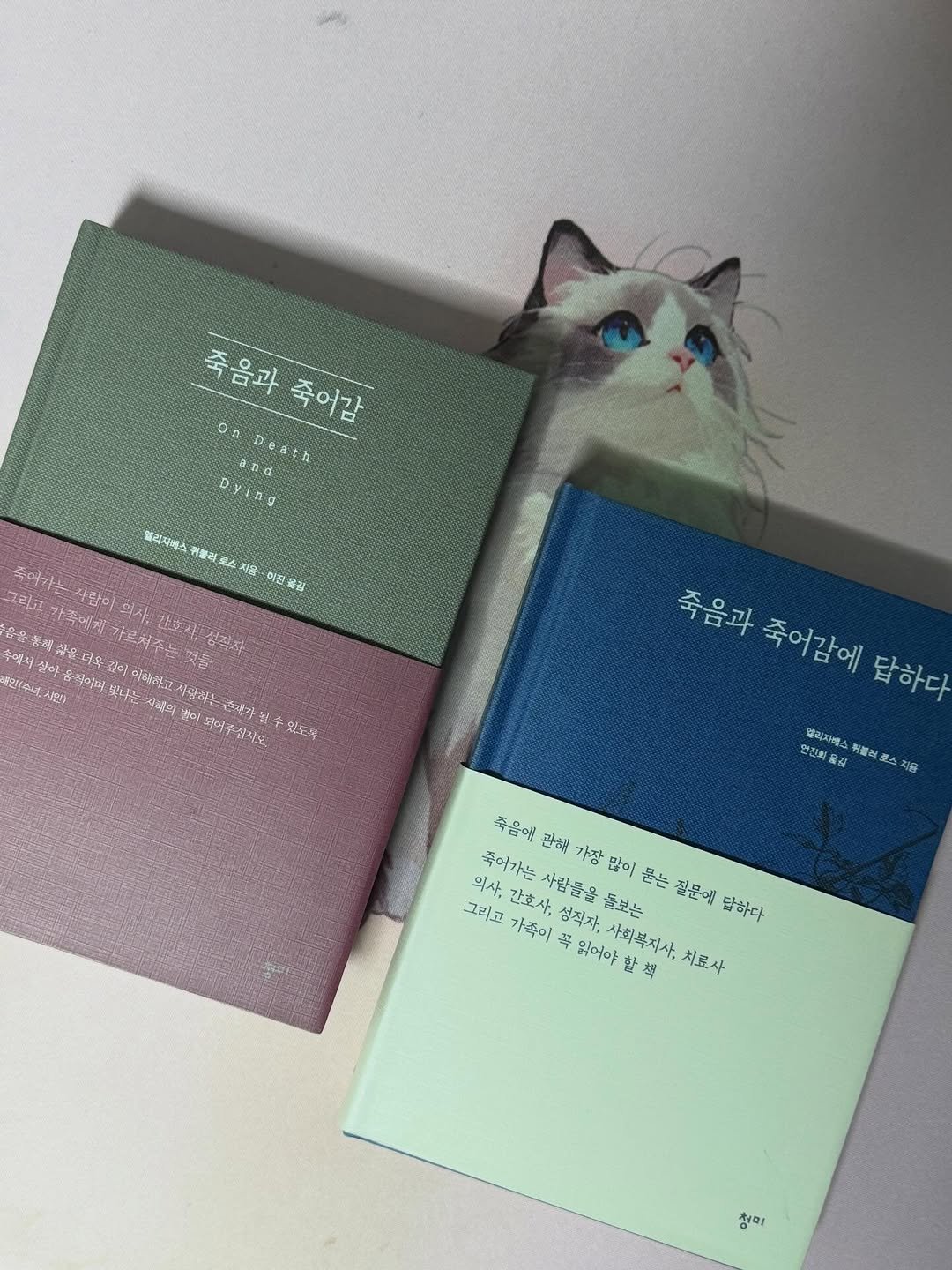 Photo by 청미출판사 on April 10, 2026. May be an image of ‎one or more people, makeup, diary, book, hand cream and ‎text that says '‎죽음과죽어감 Oл 죽음과 죽어감 and Death Dying 엘리지베스 全聯司 지음 지음 이전 원올김 김 그라고 죽어가는 사람이 && 勝社 그리고가족에게고 회사 가편사성지자 가족에게 가르처주는어 멋돌 수에서 친마 ام اء 맛나는면의 대한의 사랑균는 초개가 2 아이제하고 Loias 들하고정시오 방수 있도록 죽음과 죽어감에 답하다 인전회 셀리지베스 眉視 위불라 코스 치음 죽음에 관혜 죽어가는 의사, 그리고 간호사, 사람들음 죽어가는사람들을들보는 좋음에판해가장잡이몬는장문에답행 많이 묻는 짐문에 답하다 가족이 목 성적자, 돌보는 읽어야 그리교가족이폭읽어야할책 읽어야합책 사회복지사 치료사 청미‎'‎‎.