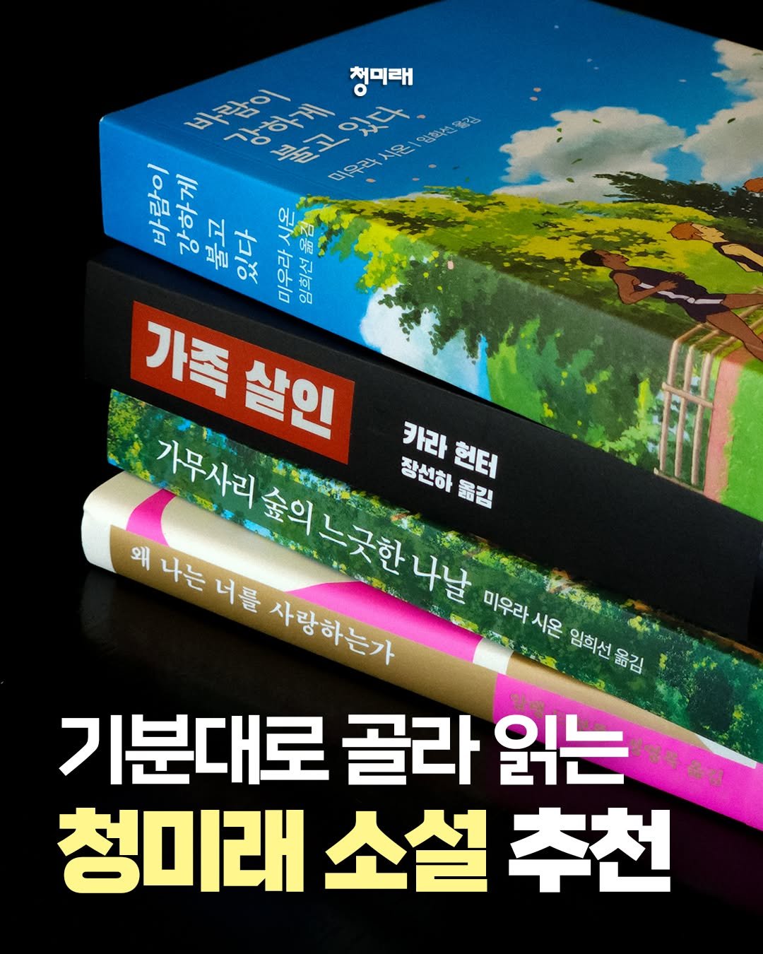Photo by 도서출판 청미래 on September 11, 2025. May be an image of book and text that says '바람이 강하거 청미래 10億 10個期月 아너워요 불고 南戸 1S বব 있다 が 우라서 우 ONDA 임회선물김 가족살인 살인 가무사리 SMCYO 카라 장선하물김 장선하 카라힌터 헌터 숲익느긋한나닐 느긋한 나날 옮김 왜 나는 너를 사랑하는가 Ske 50 2RS 미우라시온 運 임희선옮김 기분대로 골라 읽는 청미래 청미래소설추천 추천 소설'.