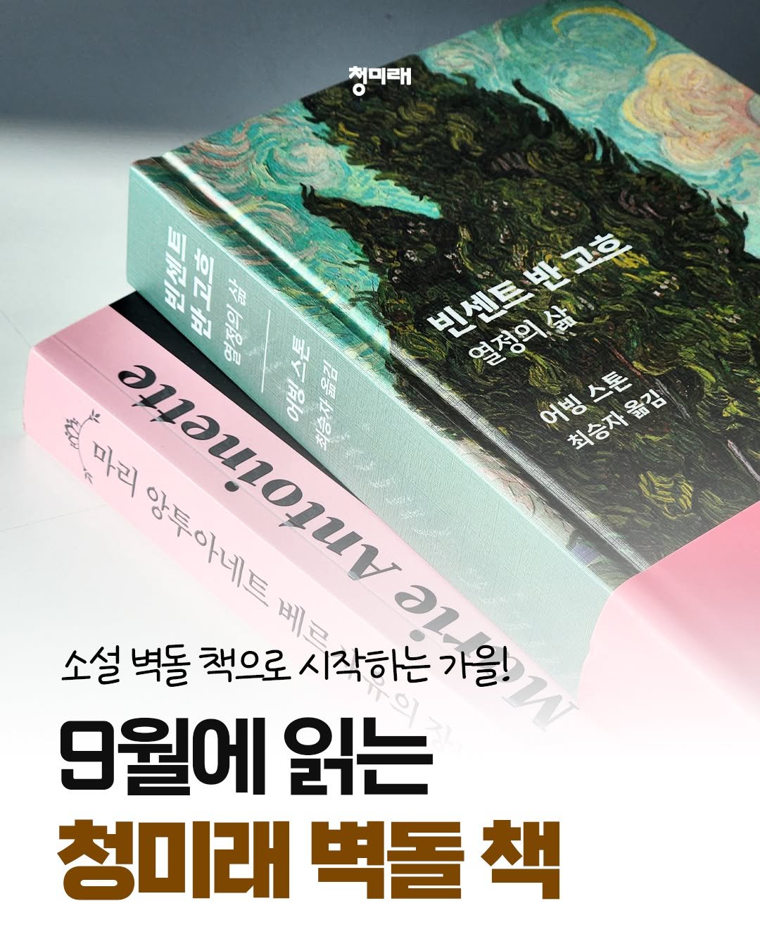 Photo by 도서출판 청미래 on September 04, 2025. May be an image of ‎book and ‎text that says '‎청미래 A04 ん屋 빈센트 센트 흐 휴리표 هرةة 열정의술 隆下 你 빈센트 빈센트반고ㅎ 열정의삶 어빙스폰 어빙스톤 최승자옮김 참마리 អយ "ค. 마리 awomиν 앙투아네트 베르 소설 벽돌 책으로 시작하는 Axo 가을! 9월에 읽는 청미래 벽돌 책‎'‎‎.