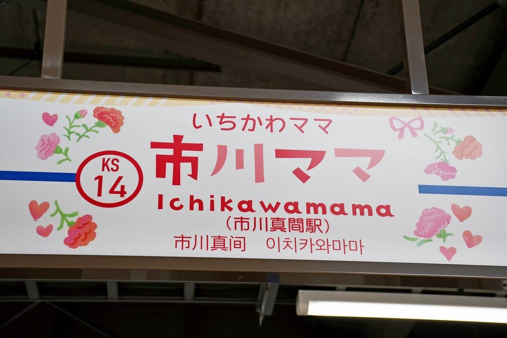 chibanippo 게시물 이미지: こんばんは🌙千葉日報です📰

母の日を前に
市川真間駅の駅名看板と駅前バス停の表記が、今年も「...