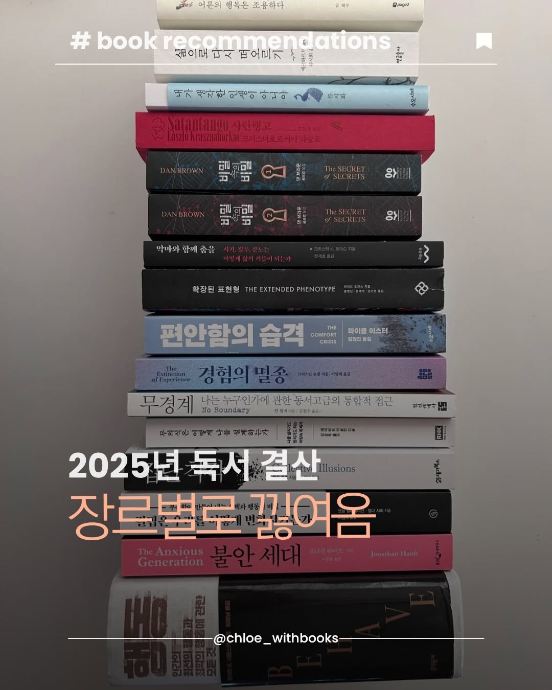 chloe_withbooks 게시물 이미지: 2025년 독서 결산, 장르별로 딱 3권씩 추천할게요. 
(선택은 신간...