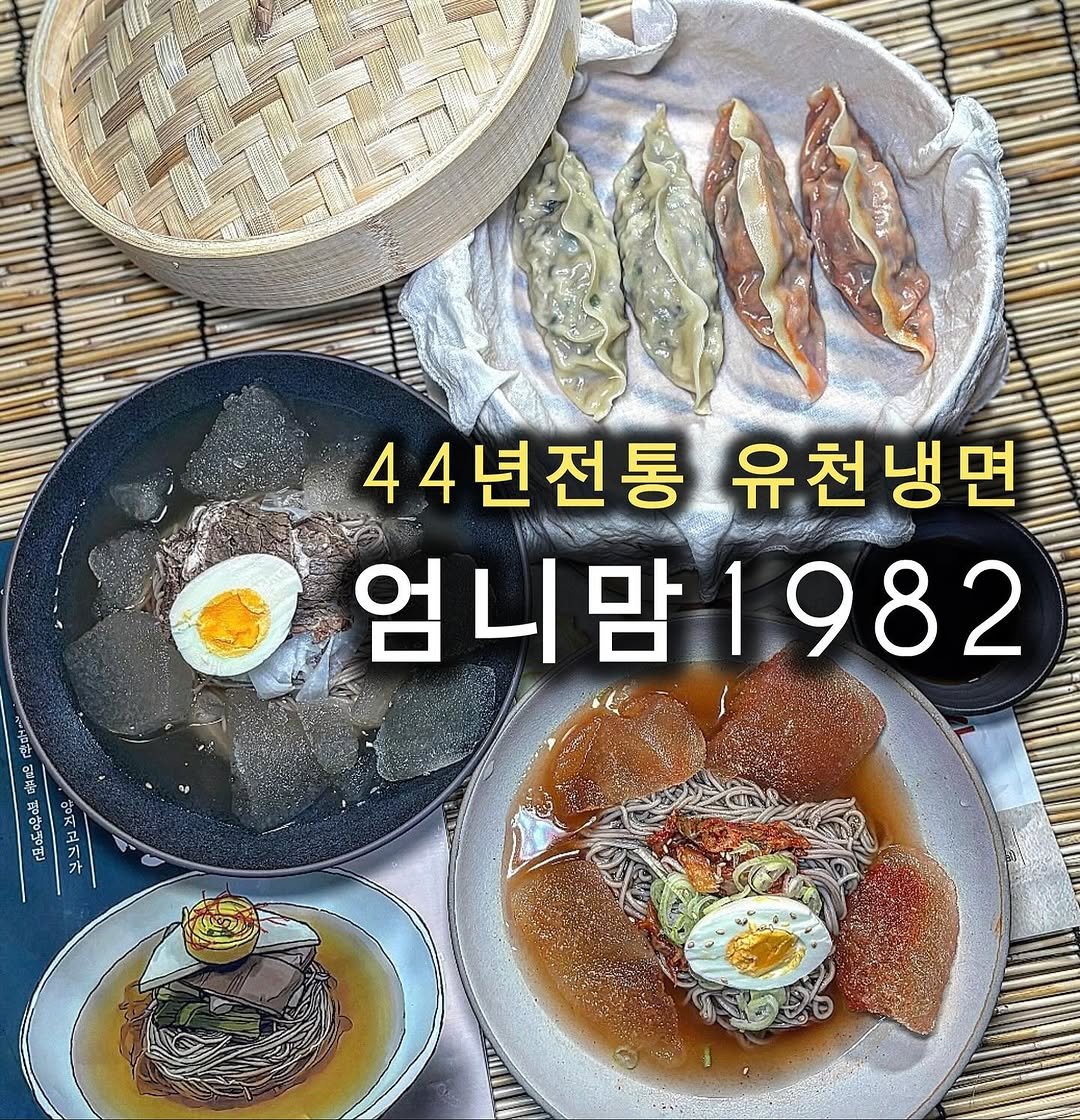 Photo by 쵸파 / 서울맛집 경기도맛집 전국맛집 on November 11, 2025. May be an image of text that says '44년전통 유천냉면 엄니맘1982 엄니맘 건동합 일볶 Go28 떡양병면 저 8'.