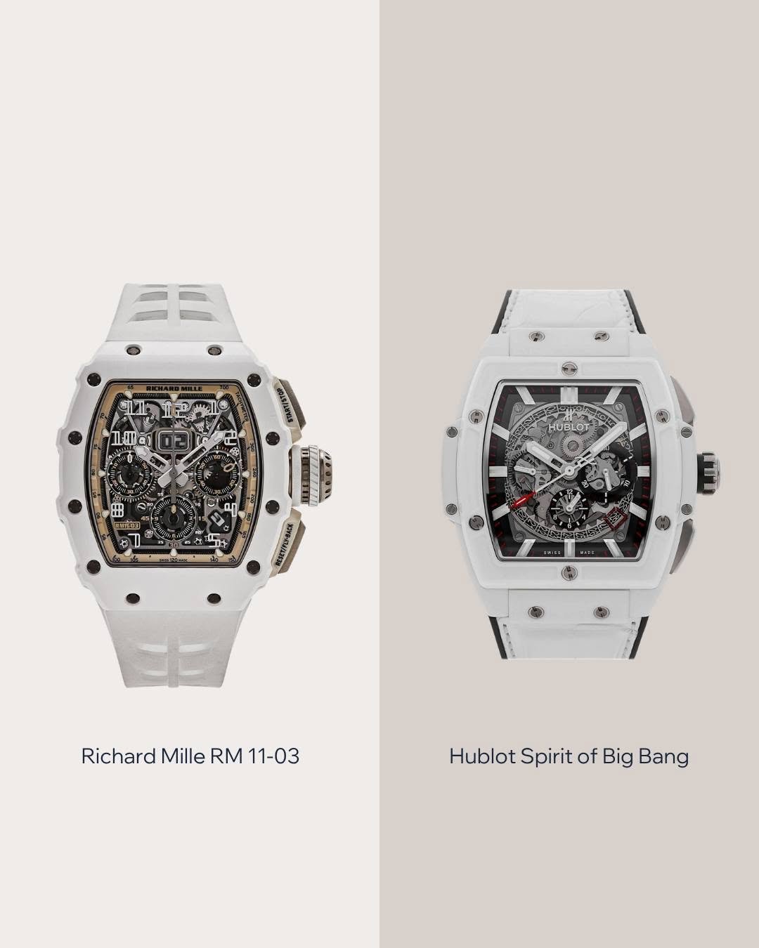 chrono24 watches image watch luxurywatch preowned
Two luxury watches are displayed side by side against a neutral background. On the left is the Richard Mille RM 11-03, featuring a white frame, intricate skeletonized dial, and a detailed chronograph. On the right is the Hublot Spirit of Big Bang, also in white, with a similarly intricate skeletonized dial and prominent black accents. Both watches showcase complex mechanical movements visible through their transparent faces.