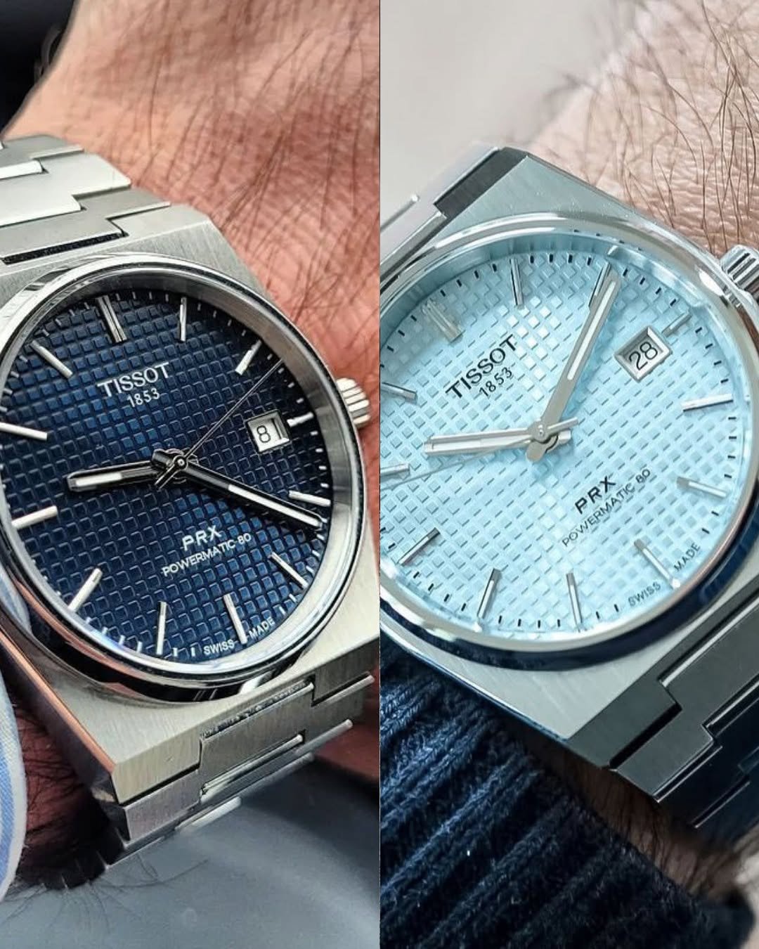 chrono24 watches image watch luxurywatch preowned
Two Tissot PRX Powermatic 80 watches are shown side by side. The left watch has a dark blue textured dial with silver hour markers and a date window at 3 o'clock. The right watch features a light blue textured dial, also with silver hour markers and a date window at 3 o'clock. Both watches have stainless steel bracelets and are worn on the wrist.