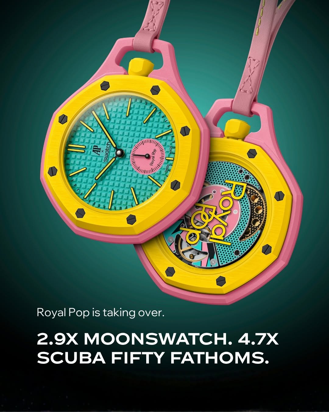 chrono24 watches image watch luxurywatch preowned
Two vibrant watches with playful designs hang against a dark background. The foreground watch has a teal textured face, yellow hour markers, and a bright yellow bezel accented by pink and black elements. The other watch features a colorful, abstract backplate design with the text "Royal Pop." Both watches have pink straps. Text at the bottom reads: "Royal Pop is taking over. 2.9X MOONSWATCH. 4.7X SCUBA FIFTY FATHOMS."