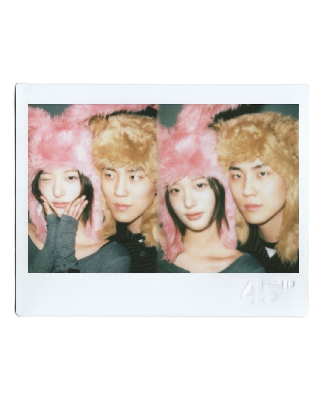 Photo shared by 김정철 on February 09, 2026 tagging @45id_official. May be an image of one or more people, bangs, hat, polaroid and text.